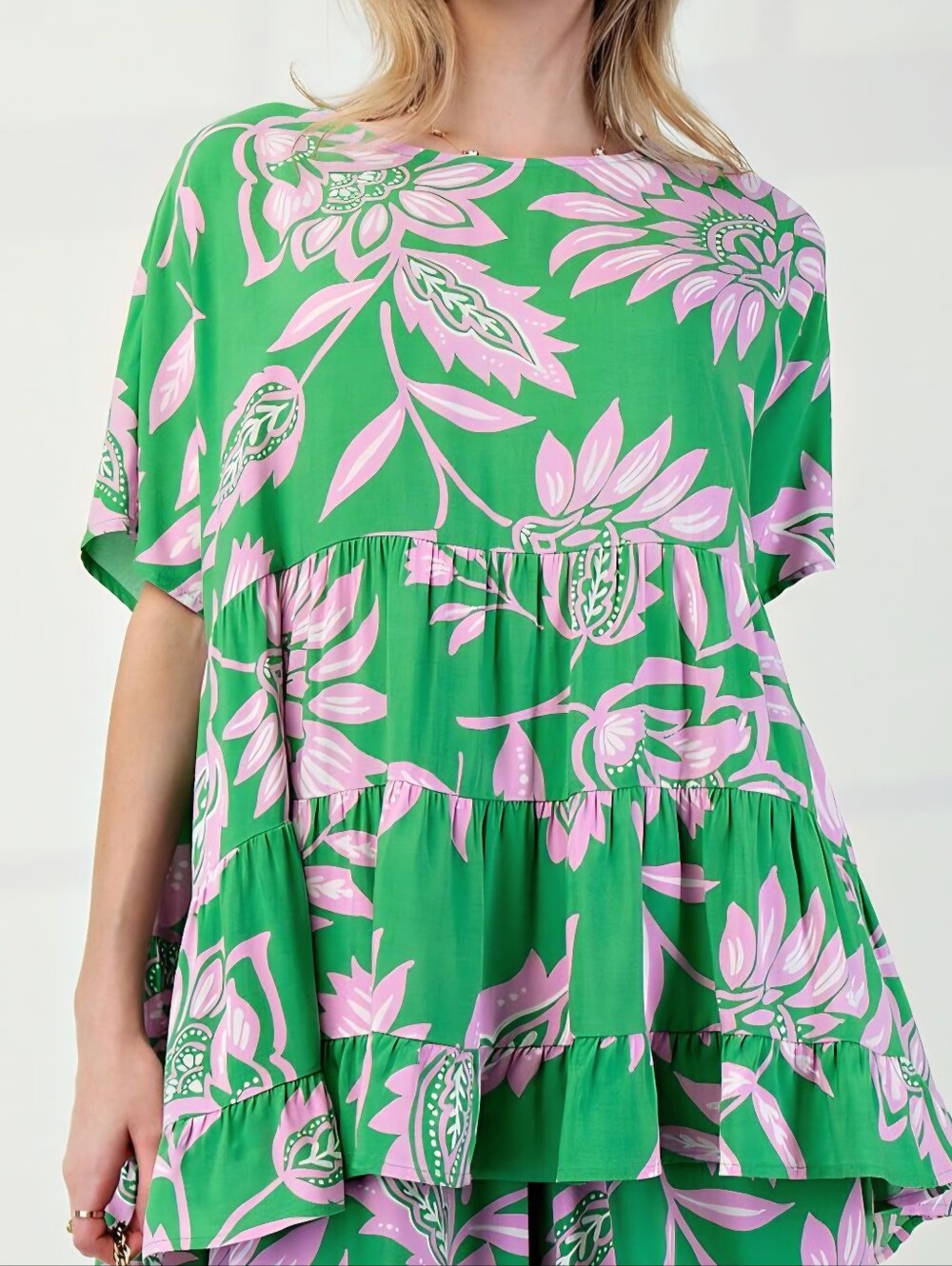 NWT EASEL Printed Rayon CHALLIS Ruffle Babydoll Tunic S/M/L